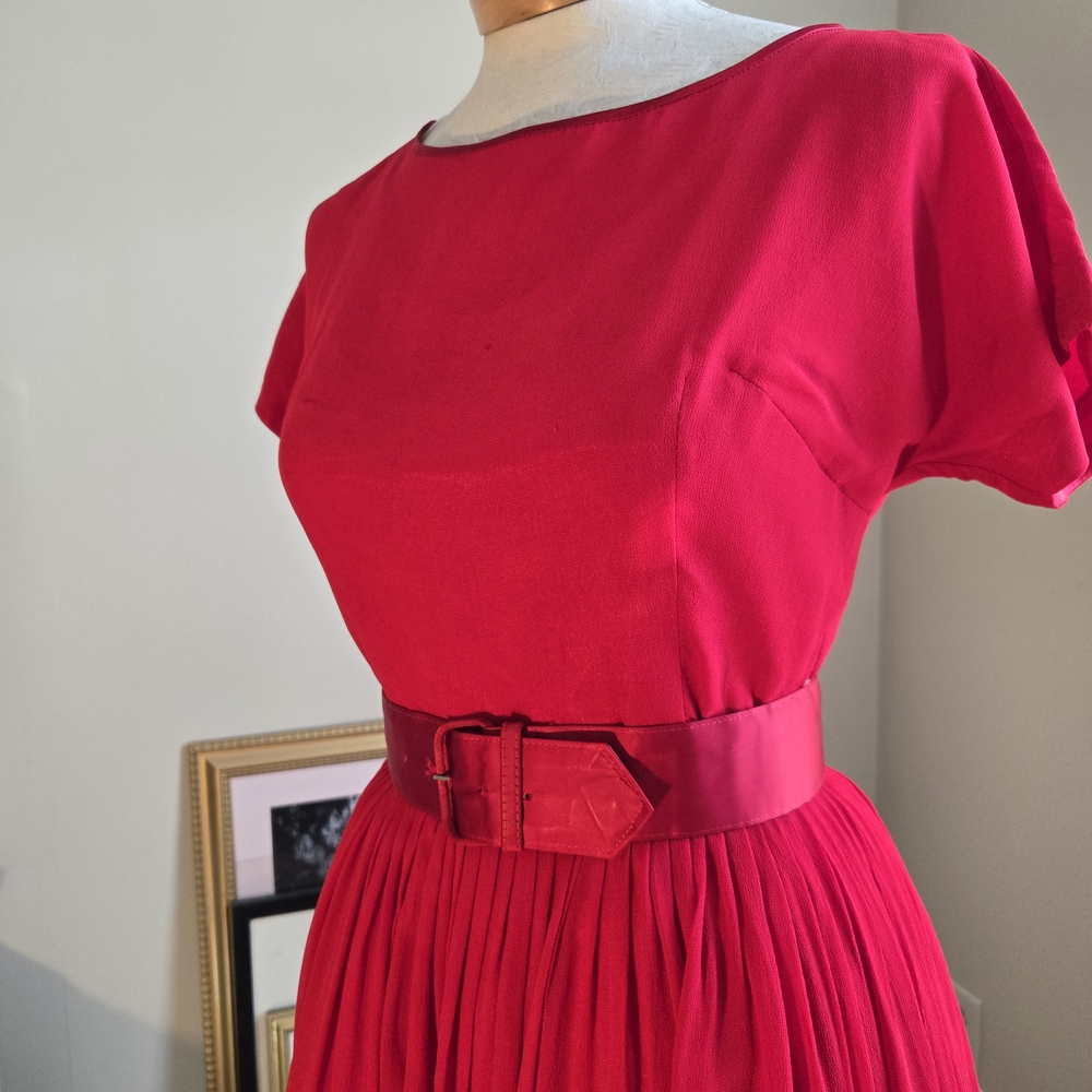 Vintage Red Chiffon Dress With Matching Satin Belt